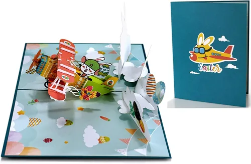 ETA Tarjeta desplegable de Pascua 3D, conejito de Pascua en un avión, tarjeta de felicitación festiva, linda, divertida, tarjeta desplegable