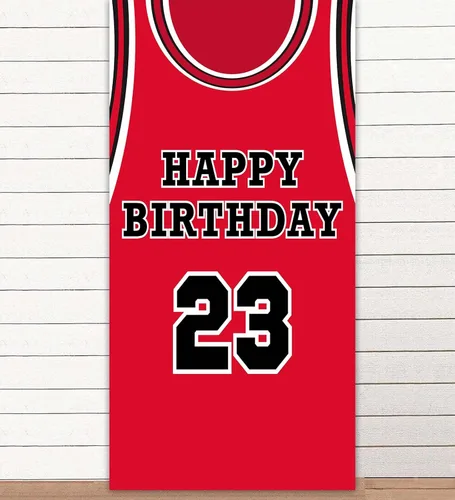 Fondo de pancarta de feliz cumpleaños 23, fondo rojo de baloncesto estrella jugador de deportes decoración para hombre niño primer cumpleaños fiesta