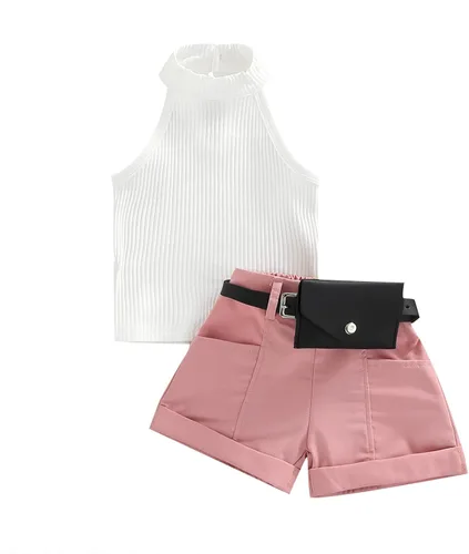 TheFound Trajes de verano para niñas pequeñas, sin mangas, de punto acanalado, halter, pantalones cortos, ropa para recién nacidos, conjunto de 3