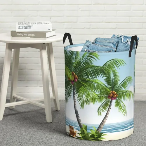Miniatura 8 de Tropical Palm Tree print Circular Hamper Waterproof Storage Bin Organizer Basket Laundry Hamper With Handles For Clothes Toys Small