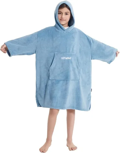 Miniatura 4 de Hiturbo Bata de cambio de toallas para niños: manta de felpa suave, sudadera con capucha cálida de forro polar coral, poncho de surf de natación Azul