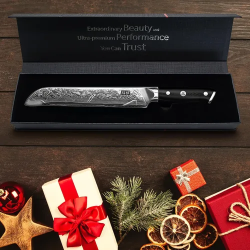 Miniatura 7 de Cuchillo de pan SHAN ZU de 8 pulgadas, cuchillo japonés de acero de Damasco con hoja ondulada serrada, cuchillo profesional afilado de acero super