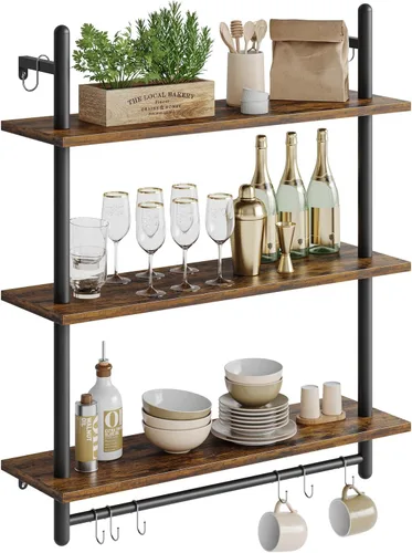Miniatura 8 de Bestier - Estantería industrial de 3 niveles para tubos, estantes flotantes para libros para pared, estantes colgantes de almacenamiento con barra