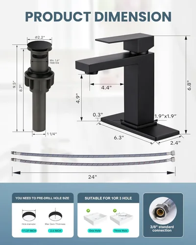 Miniatura 6 de Grifo de baño negro ARCORA Grifo negro mate para lavabo de baño Grifo de baño moderno de un solo agujero con líneas de suministro cUPC y desagüe