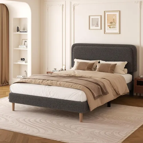 Miniatura 13 de Marco de cama tapizado Boucle de tamaño matrimonial con cabecera ajustable, cama de nube suave, no necesita somier, fácil montaje, sin ruido