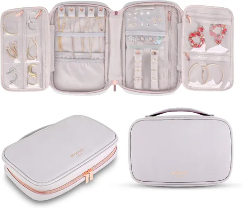 MODUS BAGS Organizador de joyas de viaje, estuche de gran capacidad para aretes sin enredos, collares, almacenamiento de anillos (cuero vegano gris