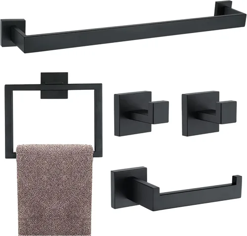 Miniatura 11 de Juego de 5 piezas de accesorios de ferretería para baño en negro mate, juego de toalleros cuadrados de 16 pulgadas para baño, juego de barras