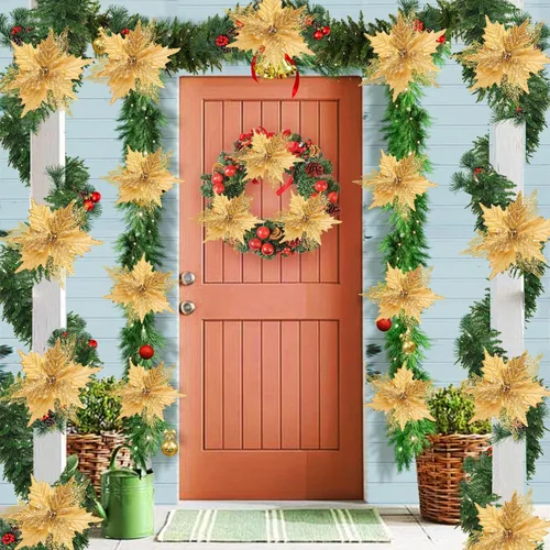Miniatura 7 de Flores de Pascua de Navidad con purpurina de 10'' de stadeco, 10 unidades, adornos de árbol de Navidad con flores artificiales con tallos largos