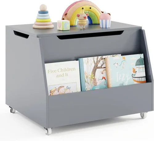 Miniatura 12 de Costzon Caja de juguetes para niños, organizador de almacenamiento de juguetes móvil de madera con estantería y ruedas con cerradura para niñas