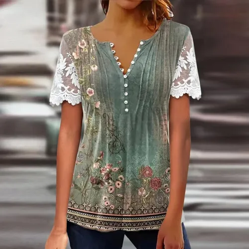 Miniatura 38 de Summer Shirts for Women 2025 Plus Size Short Sleeve Henley Tops Marble Floral Loose Tshirt Tee Casual Dressy Tunics