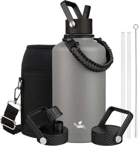 Miniatura 29 de Konokyo - Botella de agua aislada de 18 onzas, botellas deportivas de acero inoxidable con 3 tapas, verde militar