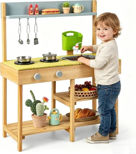 Miniatura 9 de HONEY JOY Cocina de barro, cocina de madera de abeto para niños, mesa de barro, agua corriente, fregadero extraíble, juego de cocina para niños al