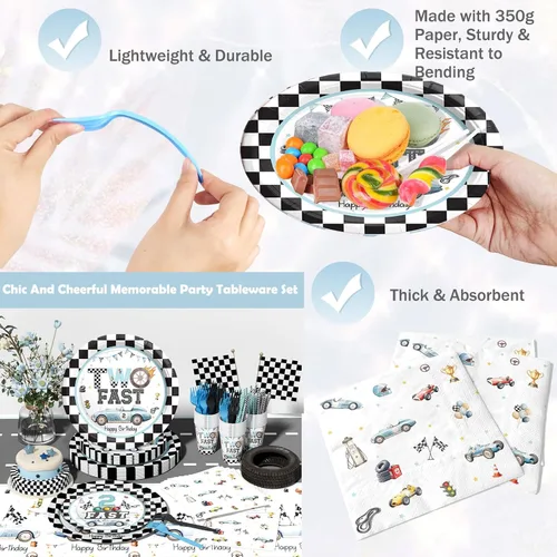 Miniatura 3 de 179 piezas de decoración de cumpleaños rápido, 2 decoraciones de cumpleaños rápido con platos, servilletas, mantel, remolinos colgantes para niños