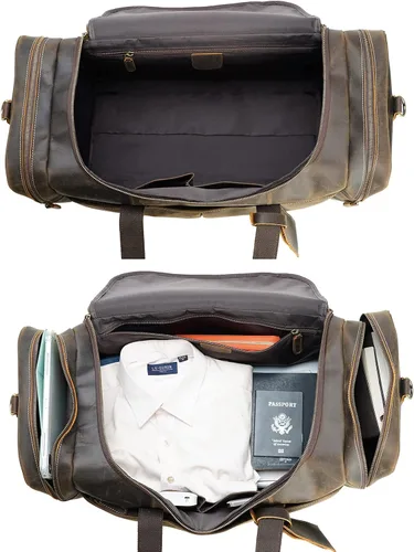 Miniatura 5 de Polare - Bolsa de lona de cuero de grano completo para hombre, de 24 pulgadas, para viajes, gimnasio, deportes, fin de semana, grande, Marrón, Retro
