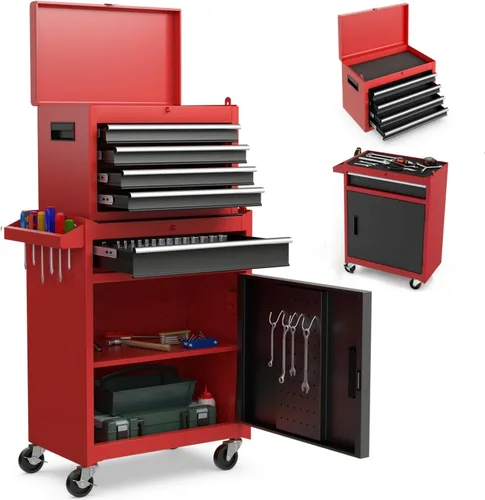 ERGOMASTER Caja de herramientas tipo cofre resistente con ruedas con gabinete de 5 cajones con cerradura y extraíble para garaje y taller -