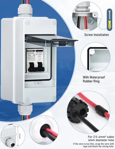Miniatura 5 de DIHOOL Disyuntor miniatura de CA CC con caja DIN IP65, 15 amperios de doble polo 12V-400V, no polarizado, interruptor de desconexión del panel