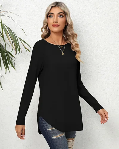 Miniatura 9 de Ficerd 2 Pack Women's Long Sleeve Shirts, Loose Fit Crew Neck Tunic Tops Loose Fit Side Split Basic Pullover Tee Shirts