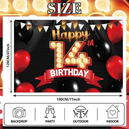 Miniatura 2 de FlagY-Bn-14 - Cartel de feliz cumpleaños número 14, decoración de pancarta negra, telón de fondo dorado, globos rojos y negros, decoración temática