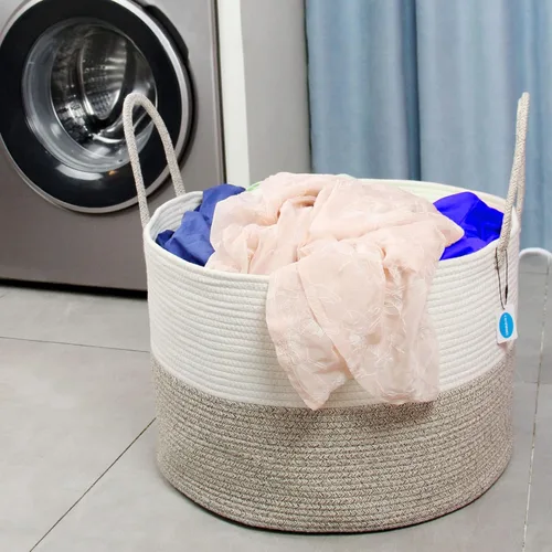 Miniatura 8 de Casaphoria Cesta de cuerda de algodón XXXL para sala de estar, cesta de almacenamiento tejida con asa larga para mantas, toallas y almohadas, cesta