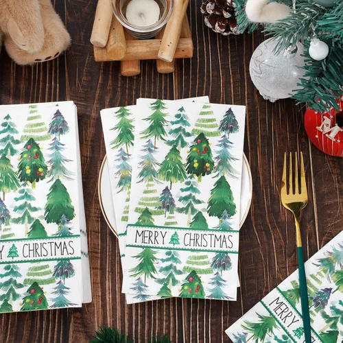 Miniatura 4 de Servilletas de Navidad para invitados de Navidad, árbol de Navidad, servilletas de papel desechables de 3 capas de acuarela verde para cena