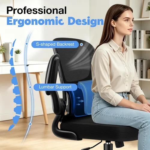 Miniatura 10 de ALLGOD Silla de oficina ergonómica, silla de escritorio ergonómica de malla transpirable con soporte lumbar ajustable, reposabrazos abatibles
