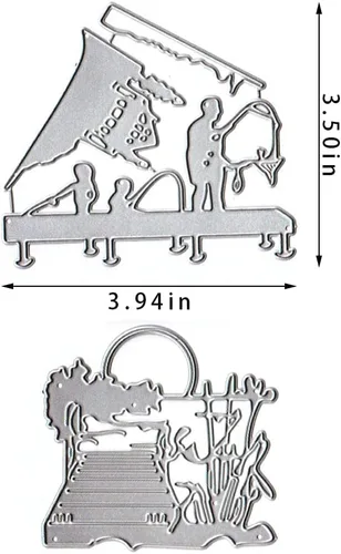 Miniatura 2 de Estivaux 2 piezas de troqueles de hombre de pesca para hacer tarjetas, juegos de troqueles de corte de casa de puente de lago, plantillas
