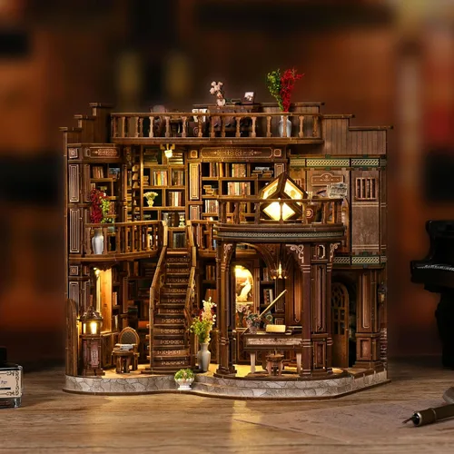 Miniatura 14 de Kit de rincón de libros, casa en miniatura de madera 3D Biblioteca de rimas antiguas para decoración de estanterías, manualidades relajantes
