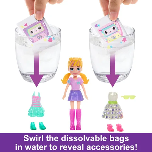 Miniatura 3 de Polly Pocket Muñeca y Juego de Muñecas, Revelación de Moda de Baile en Discoteca Desempaquetado Juguetes de Viaje con Muñeca Amigo de Capucha de 7.6