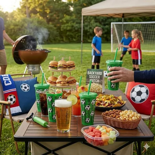 Miniatura 6 de Paquete de 24 copas de fútbol con tapas y pajitas, vasos de plástico reutilizables grandes de 24 onzas para regalos de fiesta de cumpleaños, regalos