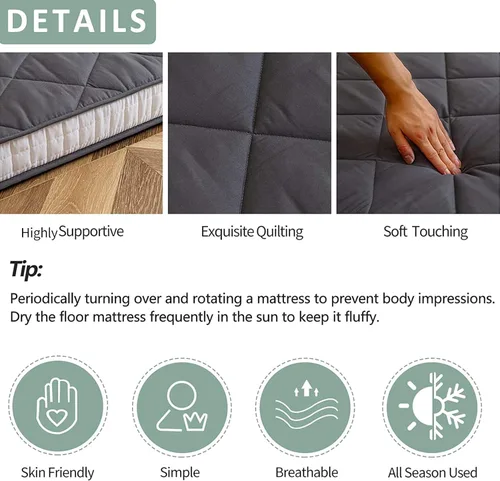 Miniatura 6 de MAXYOYO Colchón japonés de futón para piso tamaño King, cama de suelo para adultos, colchón plegable enrollable, cama de futón japonesa