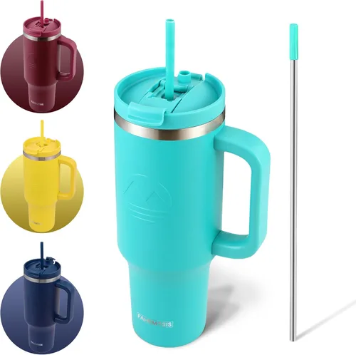 Miniatura 30 de FAHRMOSIS Vaso de 40 onzas con asa y pajita, taza aislada que cabe en el portavasos para bebidas frías y calientes, vaso a prueba de fugas