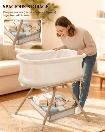 Miniatura 6 de Cuna de bebé 3 en 1, moisés mecedora para bebé con diseño de malla y colchón suave, moisés para recién nacido, nido portátil con cesta de Beige