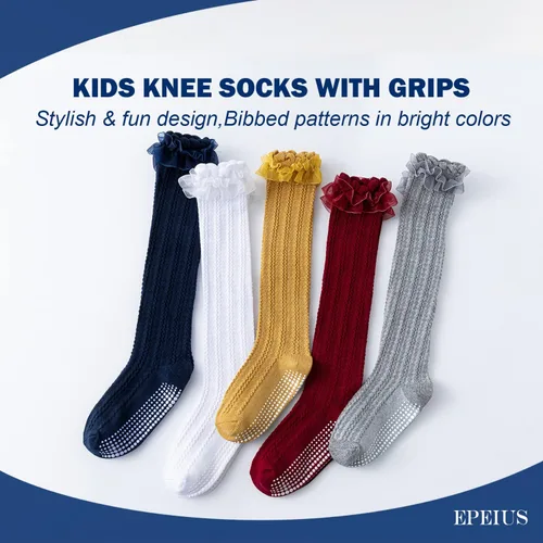 Miniatura 6 de Epeius - Calcetines altos de algodón para bebés y niñas de uniforme calcetas con vuelos Paquete de 3 o 5