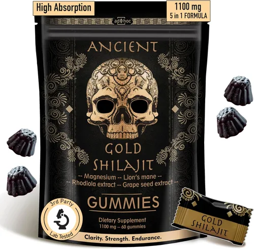 ad hoc Gomitas Shilajit de oro de 1100 mg con magnesio, melena de león, rodiola, semilla de uva, shilajit del Himalaya para hombres y mujeres, más