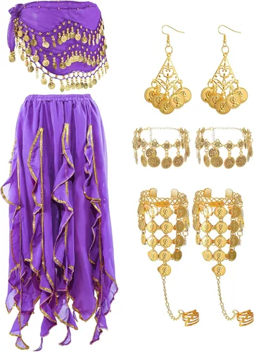 Haysandy Conjunto de 8 piezas de danza del vientre para mujer, falda de danza del vientre, bufanda de cadera, 2 pulseras, aretes, pulsera de tobillo
