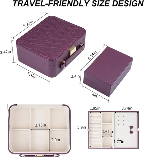 Miniatura 7 de V-LAFUY Organizador de joyas de viaje, organizador de joyas de viaje grande, joyero de viaje y estuche portátil para joyas de viaje, rojo burdeos