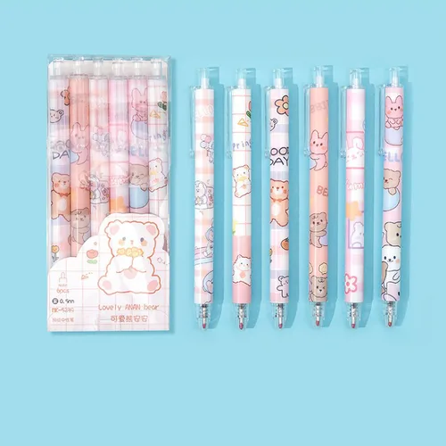 Miniatura 2 de Bolígrafo Kawaii de dibujos animados de 0.020 in, bolígrafo neutro para estudiantes, suministros escolares lindos de prensa de agua, juego de 6