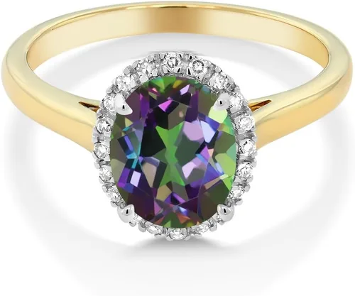Miniatura 10 de Gem Stone King Anillo de compromiso ovalado de oro amarillo de 10 quilates con piedra natal y halo de diamantes Ovalado de 0.354 x 0.276 in