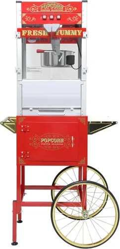 Máquina comercial de palomitas de maíz con carrito y ruedas, máquina para hacer palomitas de maíz con hervidor de acero inoxidable de 22 onzas, Rojo