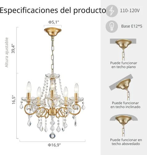 Miniatura 2 de ANJIADENGSHI Mini Candelabro de Cristal K9 Cristal Dorado para Sala de Estar, Dormitorio, Comedor, Isla de Cocina, Entrada, 5 Bombillas E12, Alto
