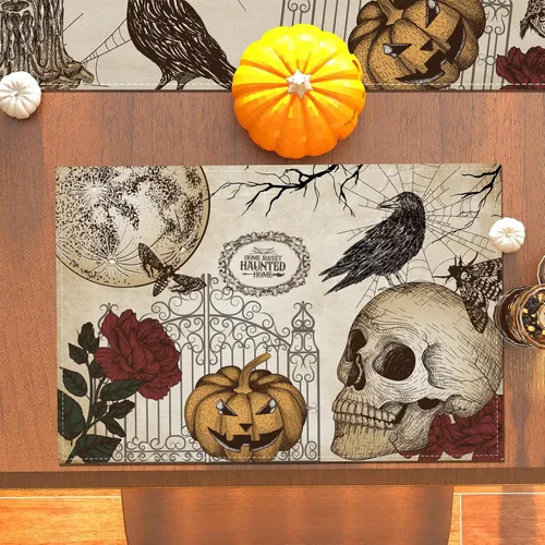 Miniatura 5 de Manteles individuales retro de Halloween, diseño de calavera gótica, Día de los Muertos, decoración y suministros de Halloween para la mesa