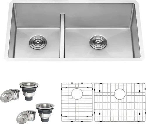 Miniatura 12 de Ruvati RVH7255 fregadero de cocina bajo cubierta de bajo perfil, bajo montaje, radio estrecho, doble cuenca 60/40, 28 pulgadas, calibre 16, acero