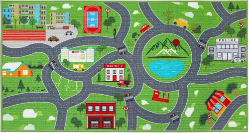 BEQHAUSE Alfombra de juego para niños, alfombra de tráfico de ciudad verde, ideal para jugar con autos, alfombra de área de juegos de 32 x 60