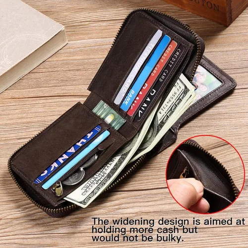 Miniatura 6 de GOIACII Cartera con cremallera para hombre, de piel auténtica, con bloqueo RFID, con cremallera, bolsillo para monedas, para identificación, con Café