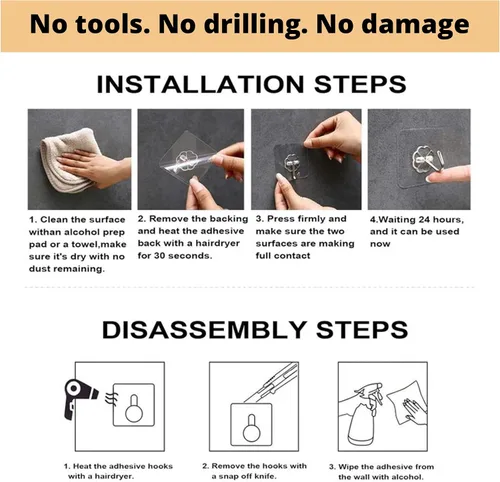 Miniatura 3 de Paquete de 24 ganchos autoadhesivos resistentes, 33 libras máximo, transparentes, impermeables, ganchos de pared adhesivos para llaves, baño, ducha