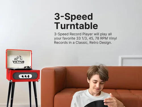 Miniatura 4 de Victor VWRP-3200 Andover - Tocadiscos 5 en 1 con reproductor de discos de 3 velocidades, radio FM, Bluetooth, altavoces integrados y patas de altura