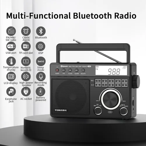 Miniatura 3 de TOMASHI Radio FM portátil de onda corta MW con Bluetooth, sintonización ATS, reloj y alarma, grabación, reproducción de MP3/WMA a través de tarjeta