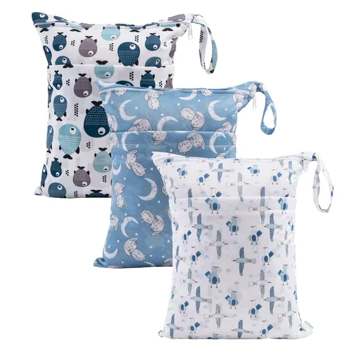 Miniatura 26 de babygoal Bolsas para artículos húmedos y secos, paquete de 3, bolsas de viaje reutilizables impermeables para trajes de baño, pañales de tela