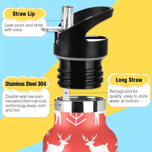 Miniatura 3 de Merry Christmas White Snowflakes Elk Leakproof and BPA Free Kids' Metal Water Bottle with Straw Lid Double Wall Vacuum Insulated Bottles for Travel