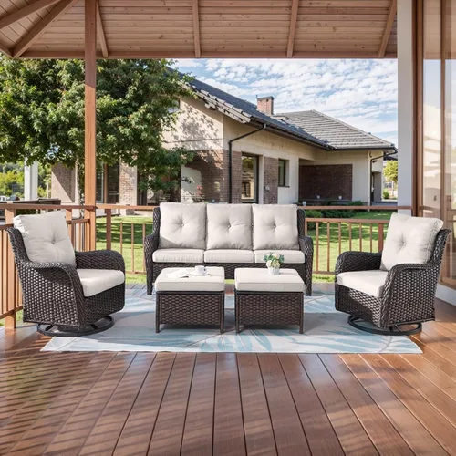Miniatura 53 de HUMMUH Sillas Mecedoras Giratorias de Mimbre para Patio Exterior con Respaldo Alto, Sillas Deslizantes de Ratán PE, Juego de Muebles de Patio de 4